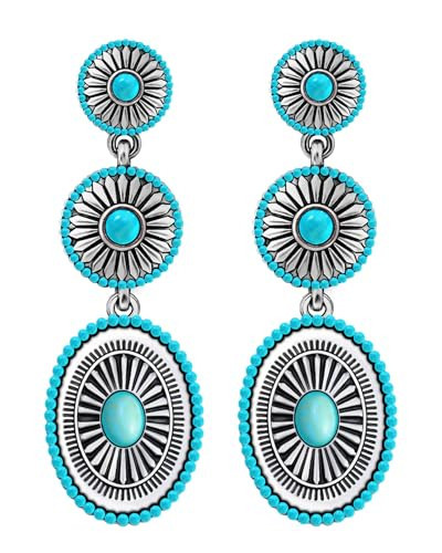 Ronglry Western Earrings Outfit for Women Silver Boho Turquoise Earrings for Women Vintage Concho Earring Cowboy Cowgirl Accessories Western Jewelry Country Concert Outfits for Womens Westerns Dress-A | Amazon (US)