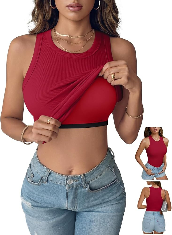 REORIA Women's Crew Neck Built in Bra Padded Tank Tops Sleeveless Slim Fit Summer 2026 | Amazon (US)
