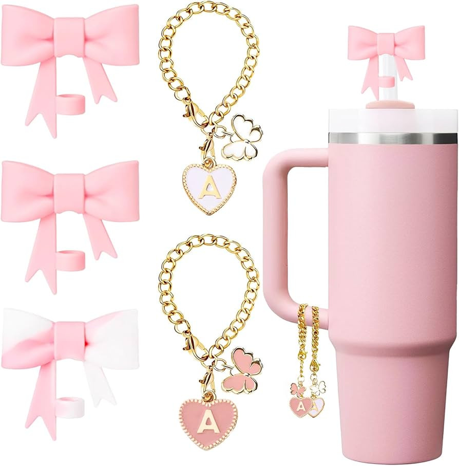 Pink Bow for Stanley Straw Topper- 3pcs Cute Cup Bow Straw Cover Silicone Cap 10mm with 2pcs Init... | Amazon (US)