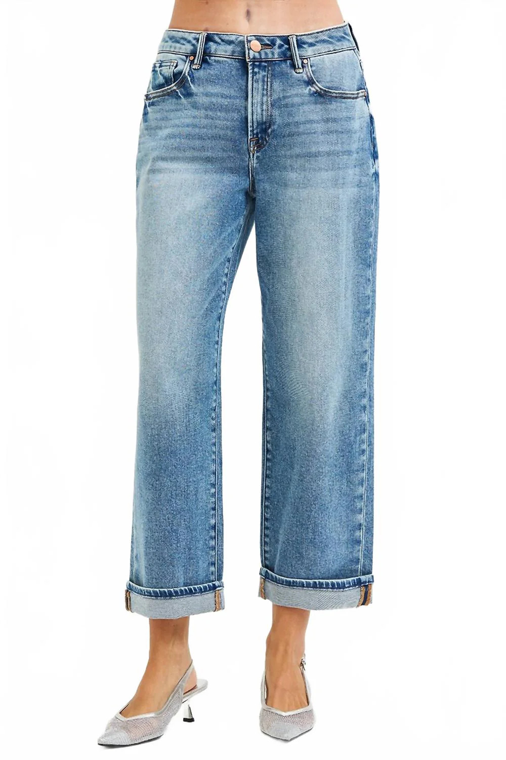 Mid Rise Cuff Boyfriend Jeans In Blue | Shop Simon