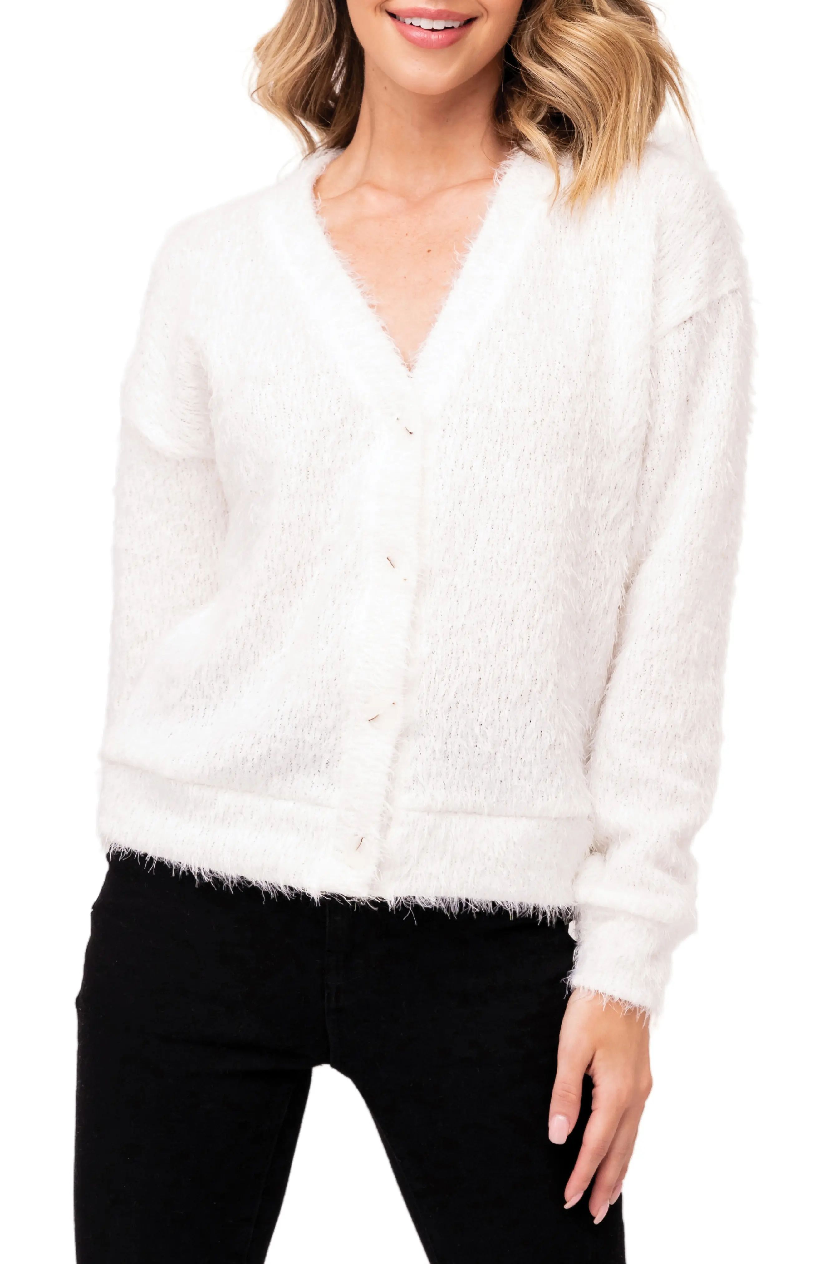 GIBSONLOOK Feather Hacci Cardigan in Off White at Nordstrom, Size Large | Nordstrom