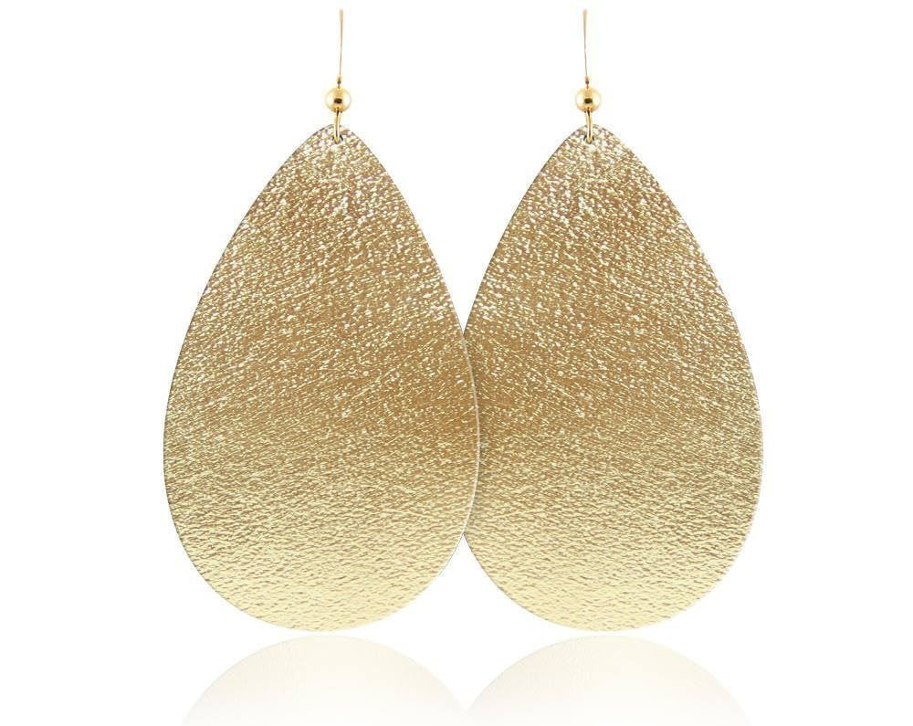 Gold Leather Teardrop Earrings, Handmade, Genuine Leather | Amazon (US)