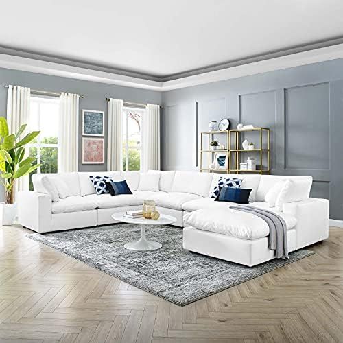 Modway Commix Down-Filled Overstuffed Vegan Leather 7-Piece Sectional Sofa in White | Amazon (US)