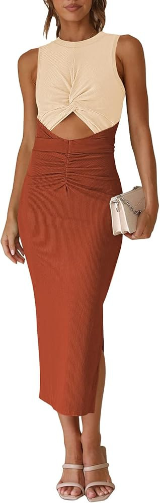 TOLENY Summer Sleeveless Cutout Dresses for Women Twisted Knot Ruched Side Slit Ribbed Bodycon Dress | Amazon (US)
