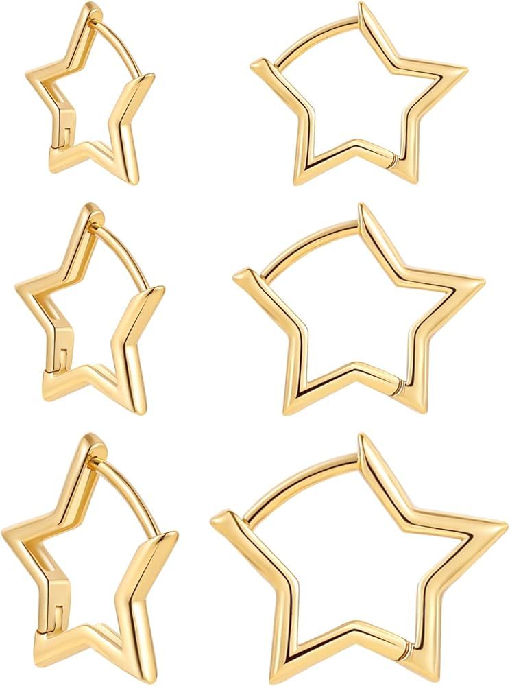 Sloong 3pairs Hoop Earrings Set 14K Gold Plated Lightweight Hypoallergenic Chunky Square Star Heart  | Amazon (US)