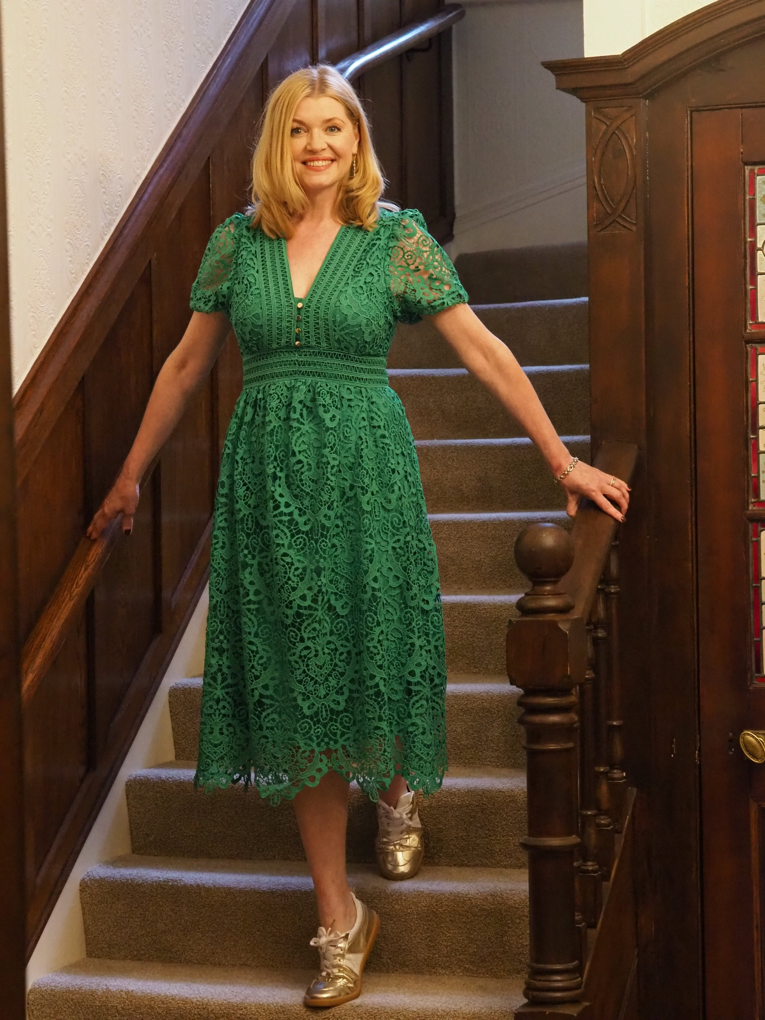Outfit for a ceilidh. Green lace dress. Metallic leather trainers. Boden trainers. Guipure lace dress. Self-portrait style. Over 40 style. Over 50 style  

#LTKshoes #LTKautumn #LTKuk