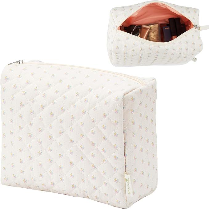 MARELLE HOME Quilted Cosmetic Bag for Women (Beige), Cotton Makeup Bag, Kawaii Cosmetic Bag, Flor... | Amazon (US)