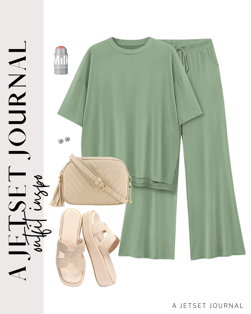 A light green lounge set is perfect for wearing raffia platform sandals from Monrovia on a warm day outside. I also discovered a simple shoulder crossbody bag that goes well with the outfit, together with your Milk Makeup cheek stick.  

#LTKSeasonal #LTKSaleAlert #LTKTravel
 

 