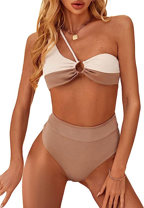 ZAFUL Women's Textured One Shoulder Two Tone Cheeky Two Piece Bikini Set Swimwear | Amazon (US)