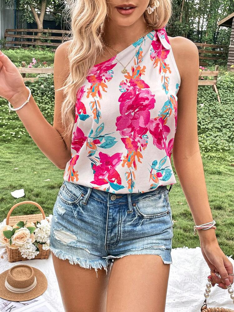 SHEIN VCAY Floral Print One Shoulder Knot Side Blouse | SHEIN