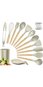 Silicone Kitchen Utensils Cooking Utensil Set - Cooking Utensils Tools with Wooden Handles Includ... | Amazon (US)