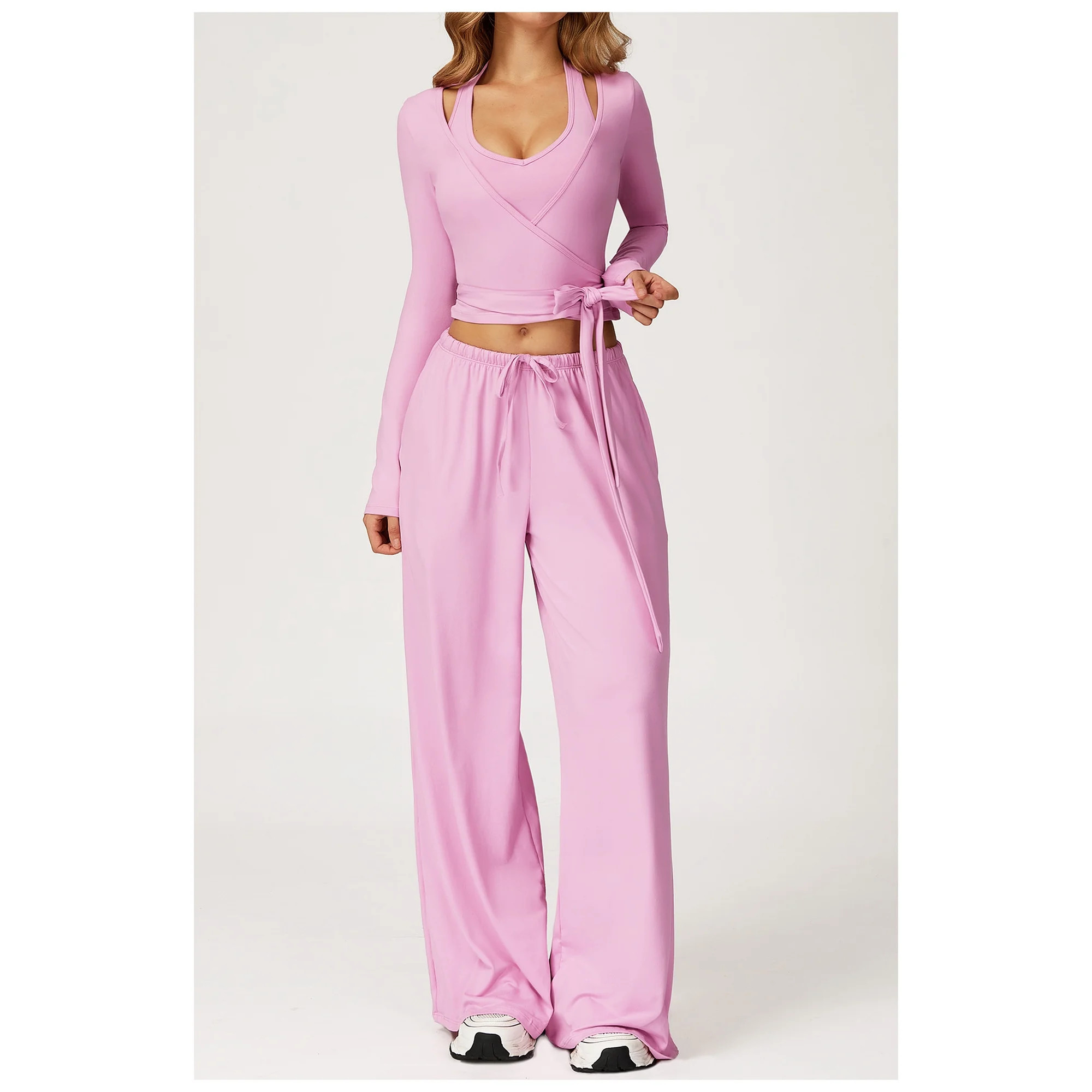 PISONIC Women Ballet Wrap Tops Sets Athletic Pilates Tie Front Long Sleeve Shirt Sets Yoga Cross ... | Walmart (US)