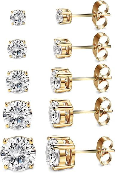 Kainier Women's 14K Gold Plated CZ Stud Earrings Simulated Diamond Round Cubic Zirconia Ear Stud ... | Amazon (US)