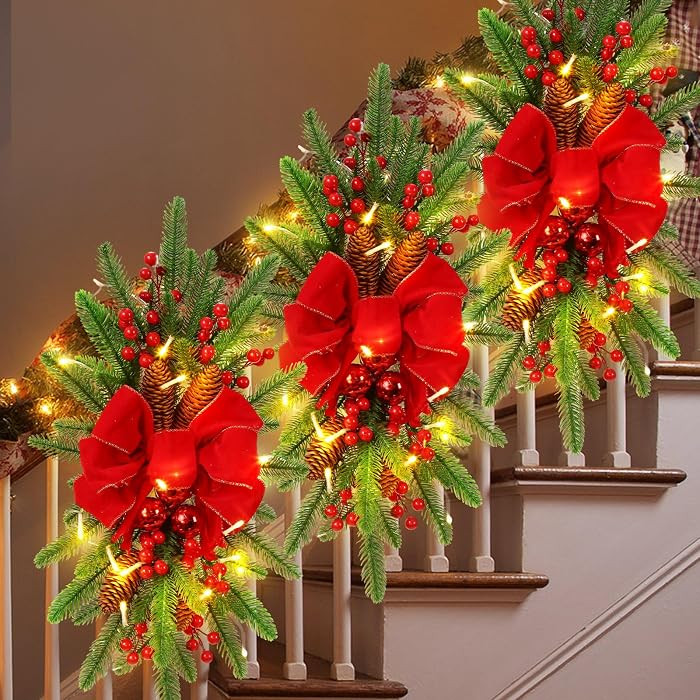 Hiboom 3 Pack Artificial Christmas Teardrop Swags 24" Xmas Cordless Prelit Stairway Swag Christma... | Amazon (US)