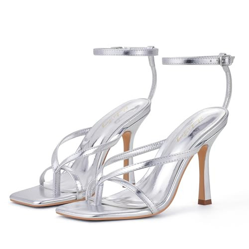 Elisabet Tang Womens Square Toe Heeled Sandals,4.3 inch Square Toe Thong Strappy Ankle Strap Stiletto Heel Sandals Wedding Dress Party Shoes Silver Size 9 | Amazon (US)