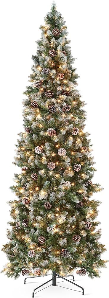 Amazon.com: Best Choice Products 6ft Pre-lit Pencil Christmas Tree, Partially Flocked & Frosted S... | Amazon (US)