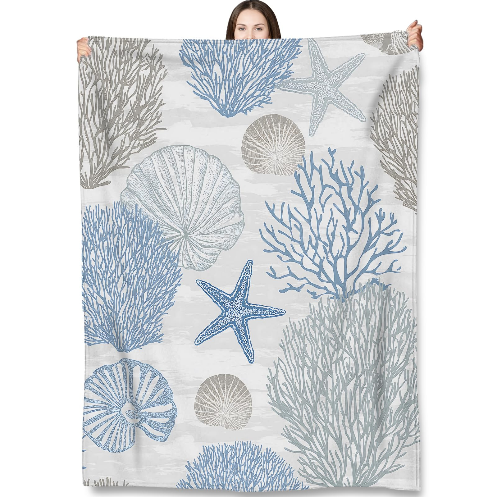 Coastal Seashell & Coral Throw Blanket Gifts for Kids Women, Nautical Beach Ocean Blankets for Ho... | Amazon (US)
