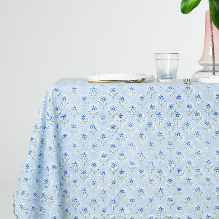 Mona Scallop Embroidered Blockprint Tablecloth In Blue - 70x120 Tablecloths And Runners | Minted