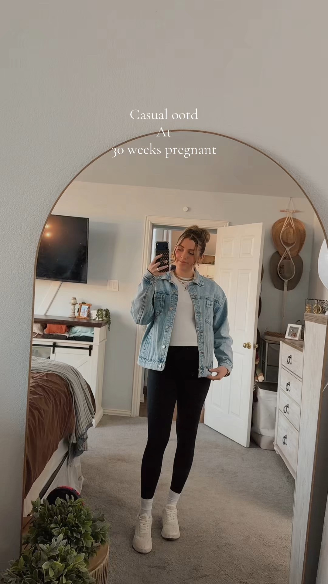 Maternity casual outfit inspo. Denim jacket  

#LTKSeasonal #LTKBump #LTKootd