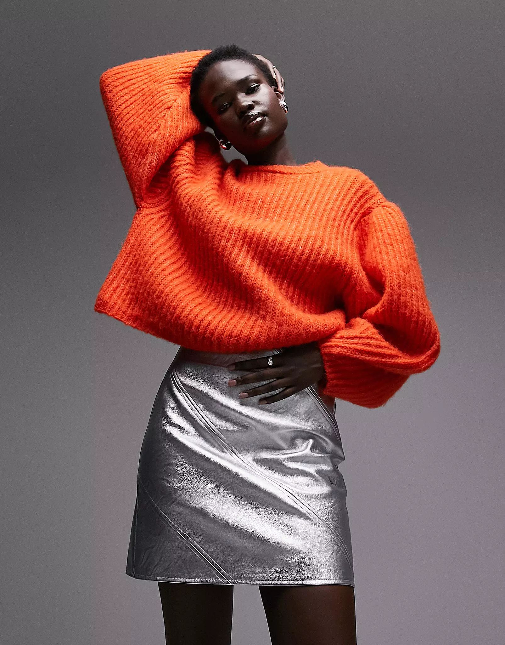 Topshop Tall leather look diagonal seam mini skirt in silver | ASOS (Global)