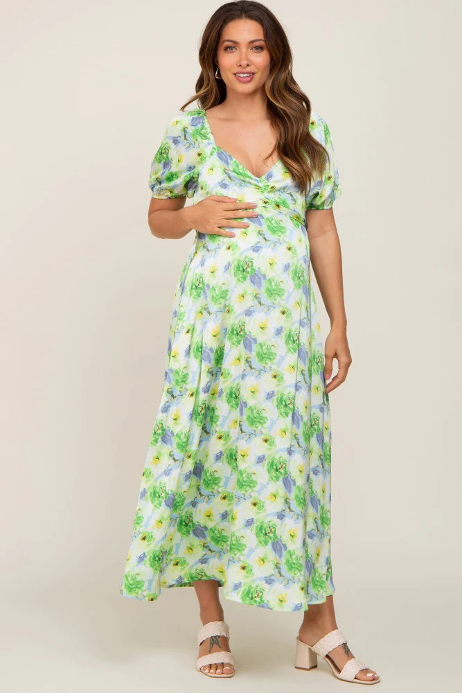 Blue Floral Satin Ruched V-Neck Puff Short Sleeve Maternity Maxi Dress | PinkBlush Maternity