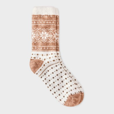 Women's Snowflake Fair Isle Double Lined Cozy Crew Socks - Auden™ Brown/Ivory 4-10 | Target