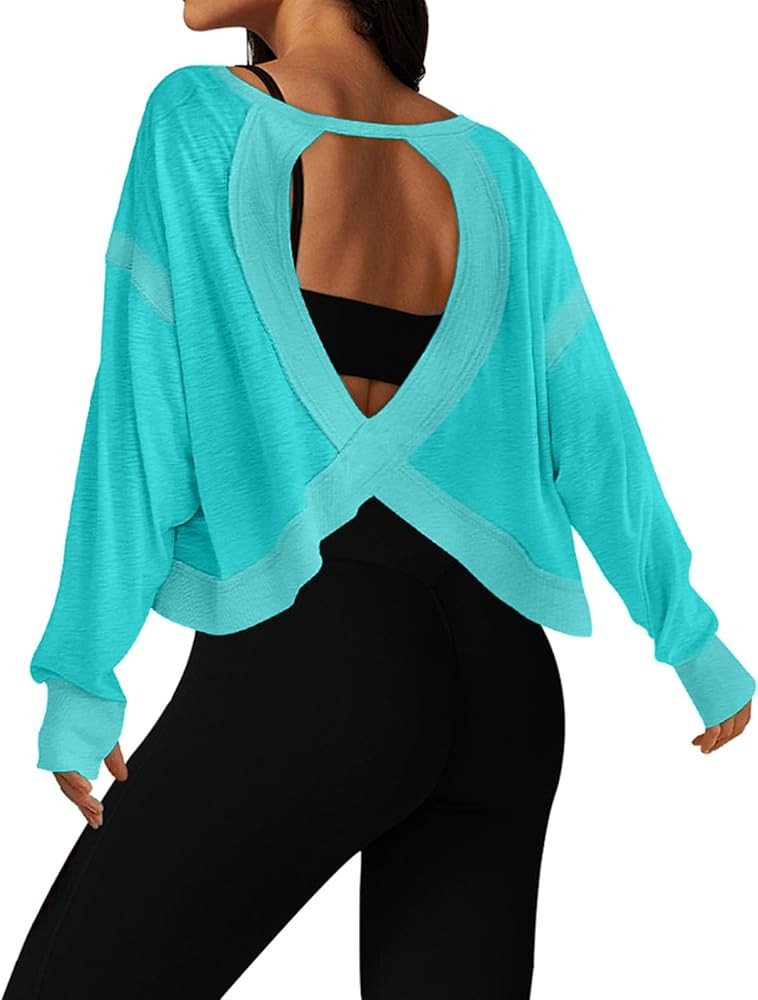 UNIANKIYA Open Back Workout Tops for Women Long Sleeve Cropped Athletic Clothes Gym Running Yoga ... | Amazon (US)