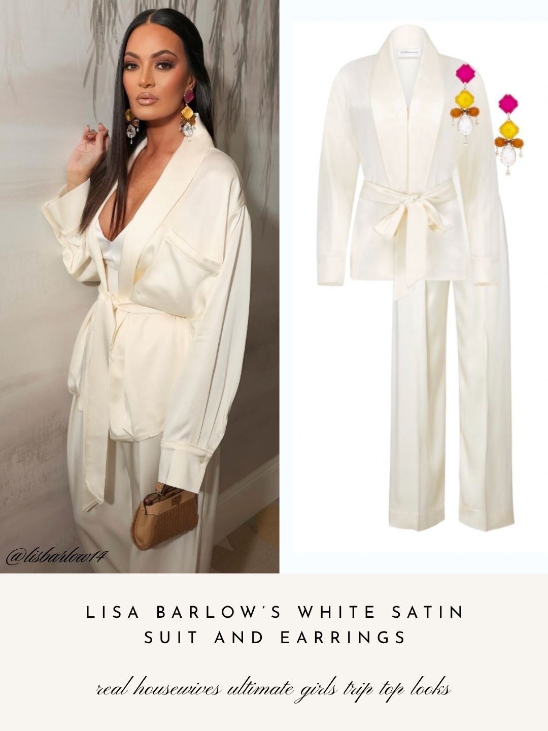 Lisa Barlow’s White Satin Suit and Earrings 📸 = @lisabarlow14