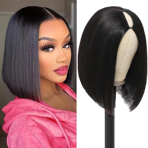 Atikual V Part Wig Human Hair Wigs For Black Women 12Inch Short Bob Straight Glueless Wigs Brazilian Remy Human Hair Bob Wigs Clip in Half Wig U Part Hair Wigs Natural Black | Amazon (US)