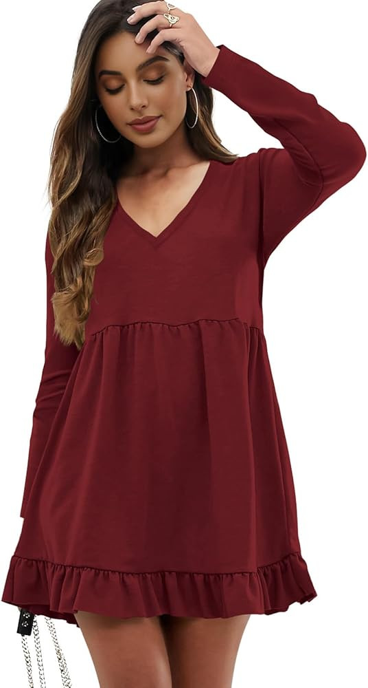 Women's Casual Summer Dress V Neck Loose Fit Ruffle Babydoll Dress Flowy Beach Sundress | Amazon (US)