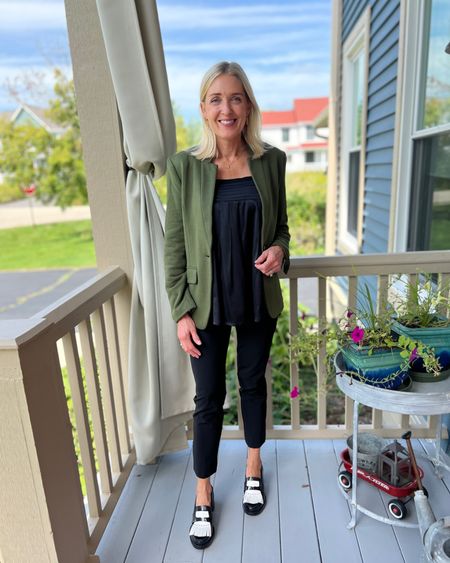 Fall transition outfit with an olive green blazer. Black babydoll cami, black trousers, white tassel loafers.

Use promo code DOUSED10 for 10% off at Gibsonlook.



#LTKunder100 #LTKshoecrush #LTKSeasonal