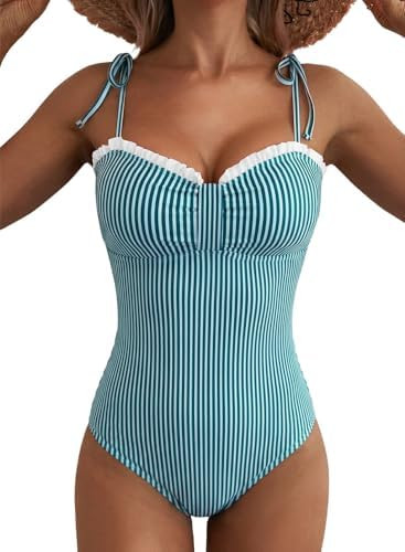 Herseas Women’s Striped One Piece Swimsuits Tie Shoulder High Cut Tummy Control Bathing Suit 20... | Amazon (US)
