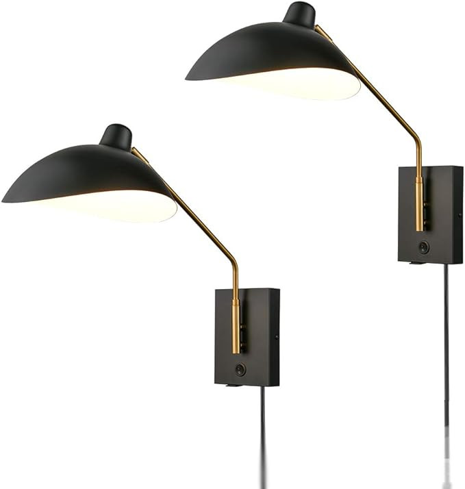 CLAXY Swing Arm Bedroom Wall Sconces Modern Black Plug-in or Hardwired Sconce Lighting with USB C... | Amazon (US)
