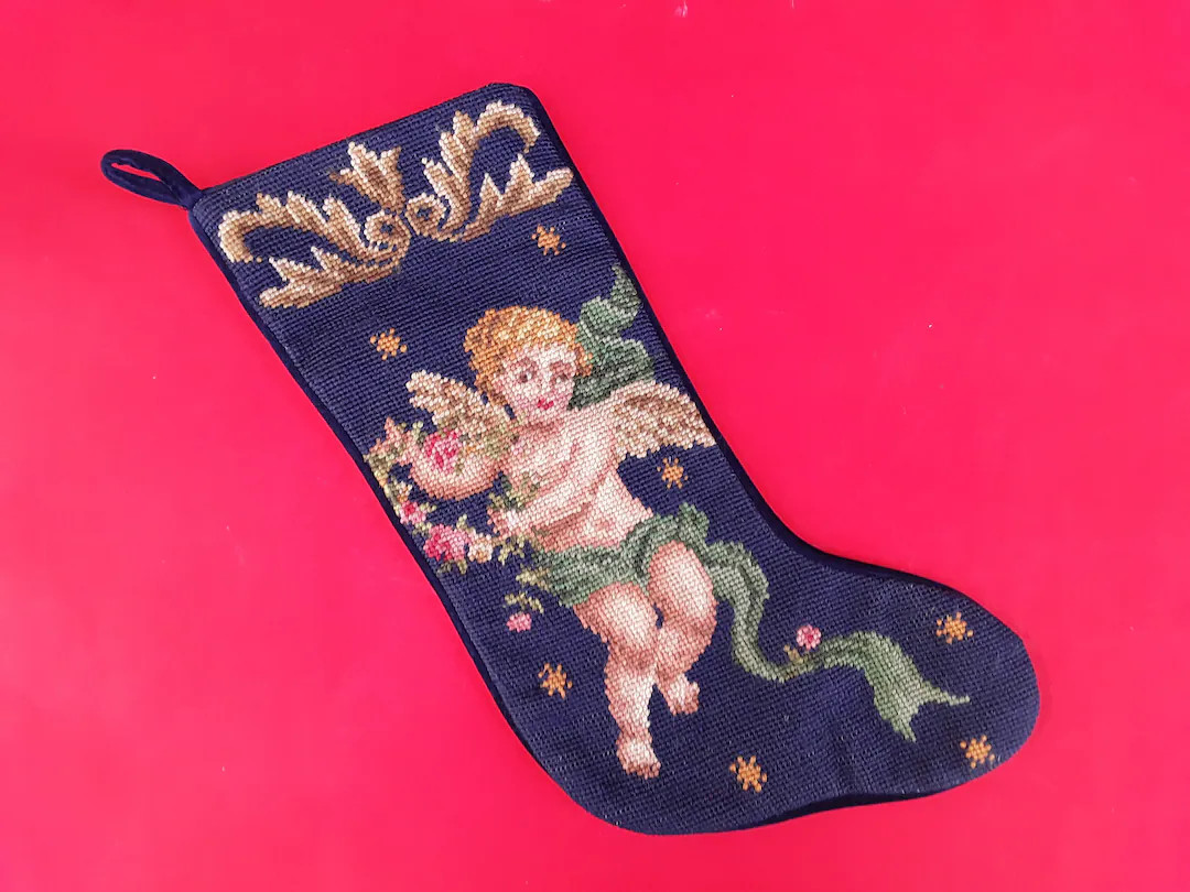 Vintage Needlepoint Stocking - Angel Stocking - Christmas - Religious Stocking - Wings - Cherub -... | Etsy (US)