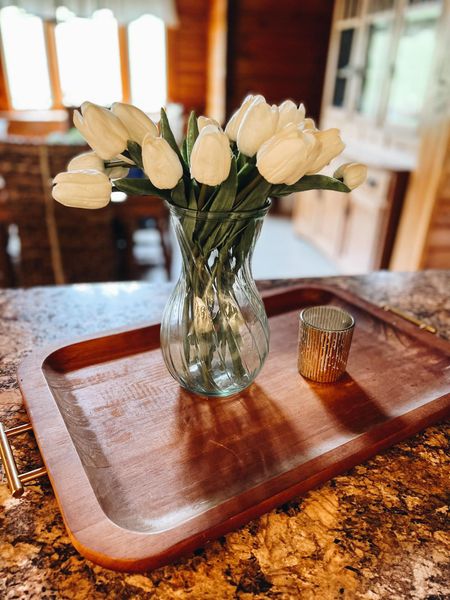  My cute little tray and tulips! 
Fashionablylatemom 
Mandy's 20pcs White Flowers Artificial Tulip Silk Fake Flowers 13.5" for Mother's Day Easter Valentine’s Day Gifts in Bulk Home Kitchen Wedding Decorations
Better Homes & Gardens- Acacia Wood Rectangle Tray with Gold Color Handles, One Size

#LTKhome