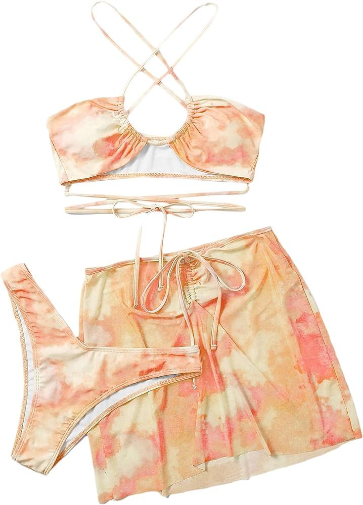 SOLY HUX Women's 4 Piece Swimsuits Triangle Bikini Bathing Suits with Mesh Beach Skirt & Bandana | Amazon (US)