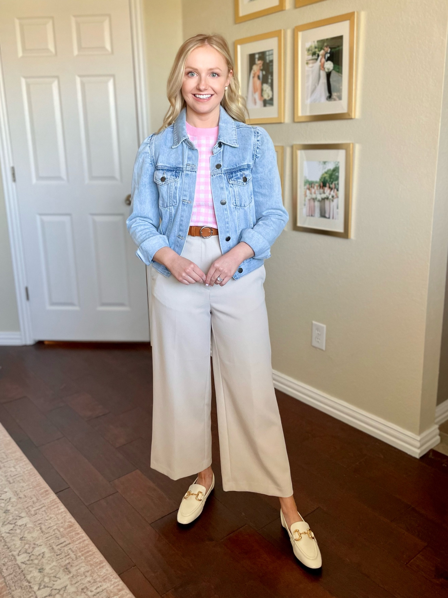 Exact top sold out, but linked similar! | workwear, teacher outfit, denim jacket, pink gingham, gingham top, white loafers 

#LTKworkwear #LTKFind #LTKSeasonal