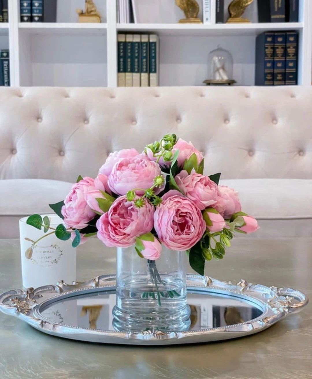 Pink Rose Peony Arrangement-Silk Peonies In Glass Vase-Peony Centerpiece-Artificial Faux Flower A... | Etsy (US)