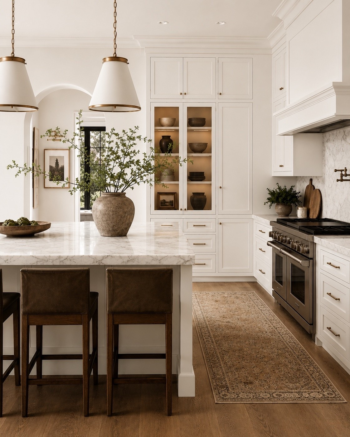 Organic modern kitchen- neutral aesthetic with Restoration Hardware meets Arhaus style! Counter stools, kitchen island pendant lights, white, brass, brown, cutting boards, kitchen runner, vase, new traditional, Nancy Meyers style, earthy

#LTKhome #LTKsale #LTKstyletip