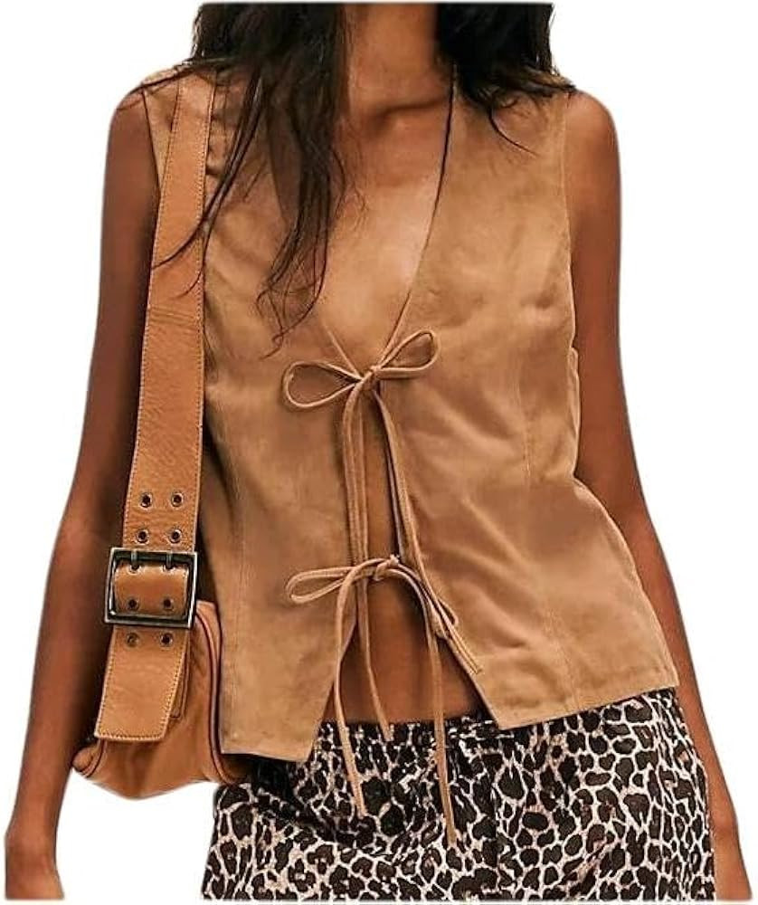 SCOFEEL Suede Leather Vest for Women Bow Tie Front Tank Tops Sleeveless V Neck Waistcoat Jacket | Amazon (US)