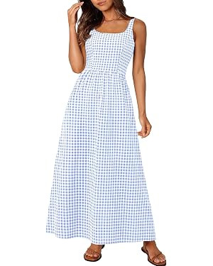 PRETTYGARDEN Women's 2026 Summer Spaghetti Strap Maxi Dresses Plaid Square Neck A Line Casual Bea... | Amazon (US)