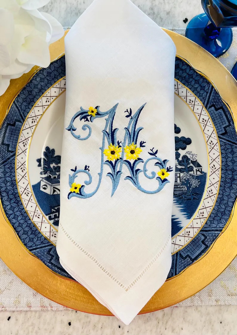 Antique Floral Monogram Embroidered Linen Dinner Napkin | Etsy (Global)