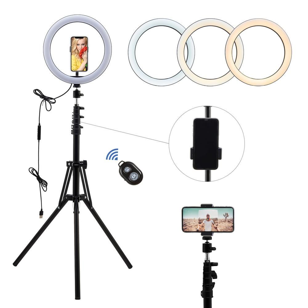 Merra 63 in. Black LED Ring Lighting Kit Lamp with Tripod for Live Stream Photo Video Makeup More | The Home Depot