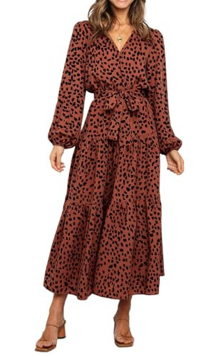 PRETTYGARDEN Womens Long Sleeve Spring Floral Wrap V Neck Ruffle Tiered Maxi Dress Casual Tie Waist Boho Flowy Long Dress(Brown Red,X-Large) | Amazon (US)