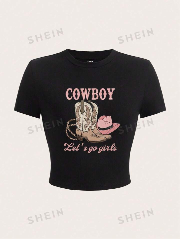 SHEIN EZwear Casual Simple Shoes Pattern Round Neck Short Sleeve Tight-Fitting Short Women T-Shir... | SHEIN