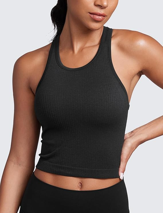 CRZ YOGA Womens Seamless Ribbed Longline High Neck Sports Bra - Racerback Padded Slim Fit Crop Ta... | Amazon (US)