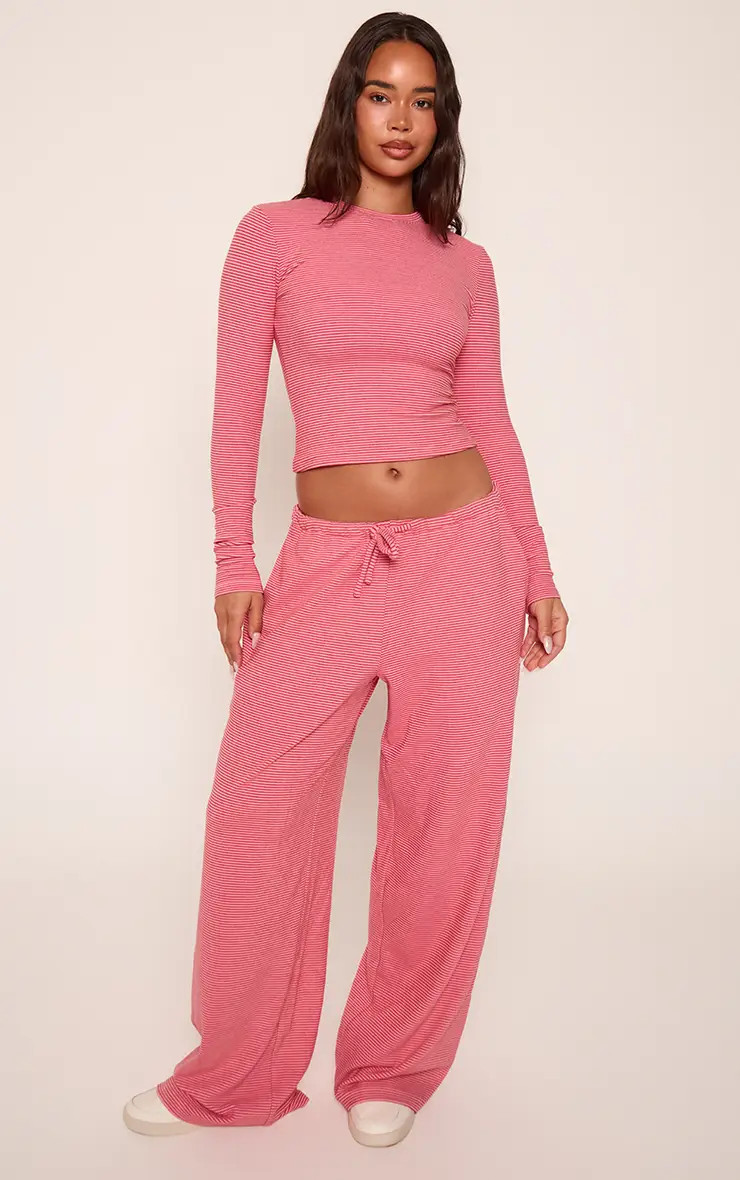 Pink Striped Soft Fleece Straight Leg Joggers | PrettyLittleThing UK