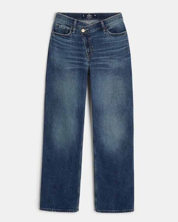 Ultra High-Rise Medium Wash Criss-Cross Waistband Dad Jeans | Hollister (UK)