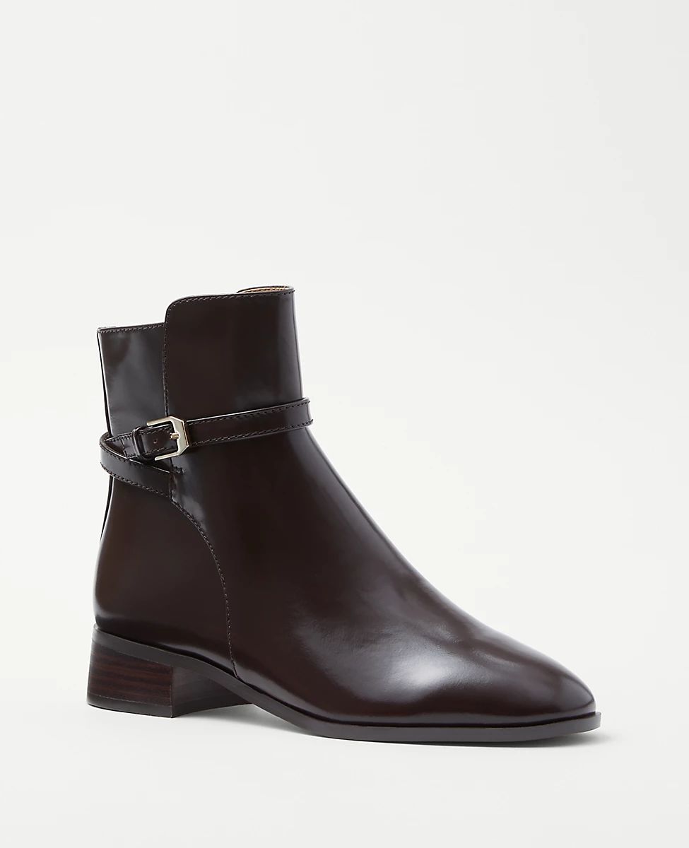 Box Leather Buckle Ankle Booties | Ann Taylor (US)
