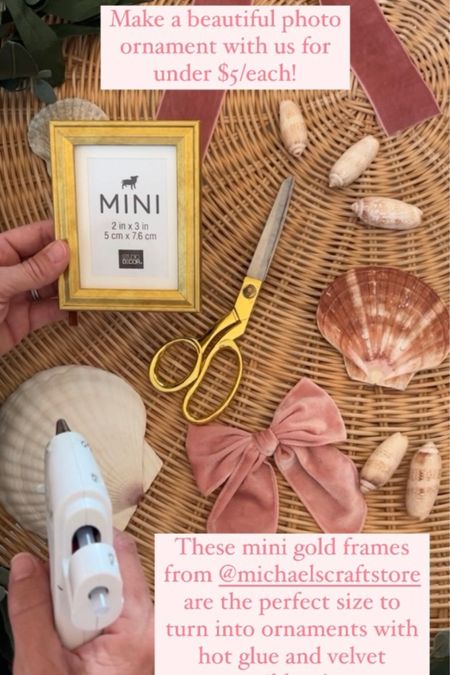 DIY photo ornaments 🎄🖼️💕 Make a beautiful photo ornament with us for under $5/each! These mini gold frames from @michaelscraftstore are the perfect size to turn into ornaments with velvet ribbon and hot glue! 

#LTKHoliday #LTKhome #LTKSeasonal